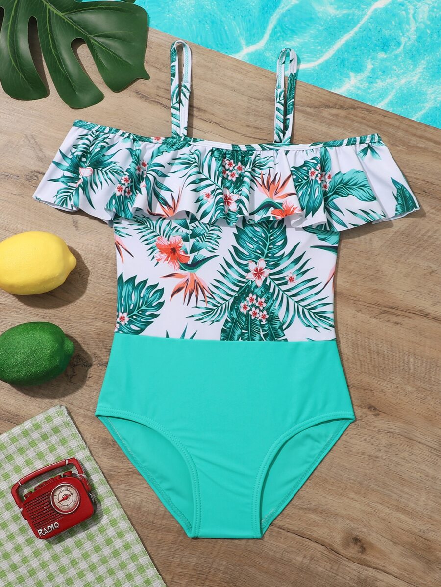 女孩熱帶圖案挖肩連體泳衣