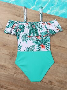 女孩熱帶圖案挖肩連體泳衣