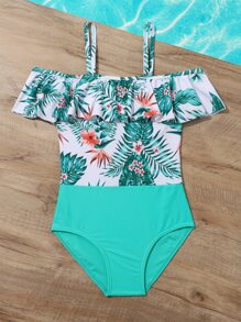 女孩熱帶圖案挖肩連體泳衣