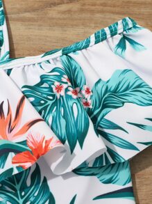 女孩熱帶圖案挖肩連體泳衣