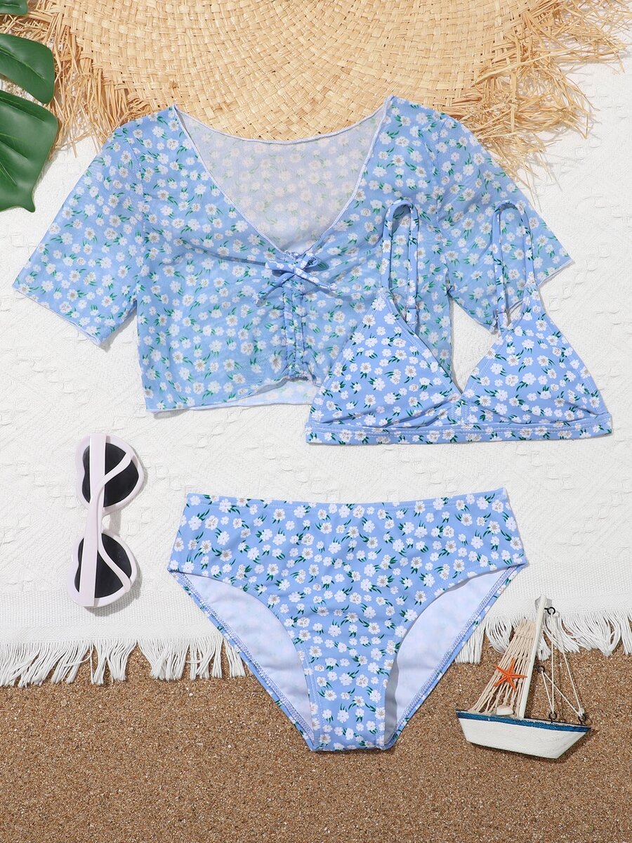 3 件装 Tween Girl Ditsy Floral 三角比基尼套装和罩衫上衣夏季海滩 - 藍色 - 查看 1