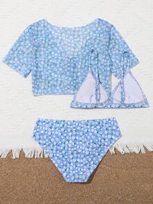 3 件装 Tween Girl Ditsy Floral 三角比基尼套装和罩衫上衣夏季海滩 - 藍色 - 查看 2