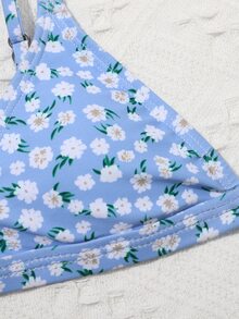 3 件装 Tween Girl Ditsy Floral 三角比基尼套装和罩衫上衣夏季海滩 - 藍色 - 查看 3