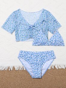 3 件装 Tween Girl Ditsy Floral 三角比基尼套装和罩衫上衣夏季海滩 - 藍色 - 查看 5