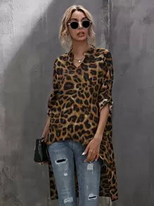 SHEIN Clasi Notched Leopard High Low Blouse - Multicolor - View 1