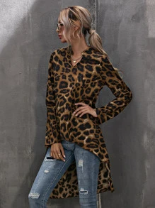 SHEIN Clasi Notched Leopard High Low Blouse - Multicolor - View 7