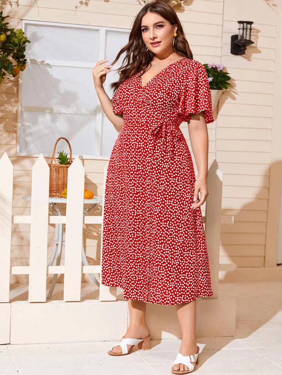 SHEIN Holidaya 大碼小碎花花卉結飾側圍裹連衣裙 - 紅色 - 查看 1