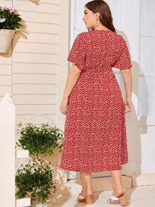 SHEIN Holidaya 大碼小碎花花卉結飾側圍裹連衣裙 - 紅色 - 查看 2