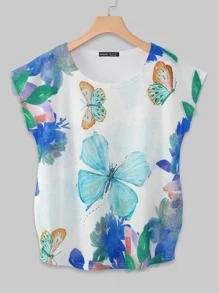 Butterfly Print Cap Sleeve Tee - Multicolor - View 1