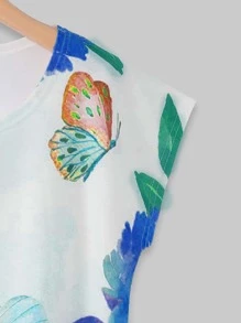 Butterfly Print Cap Sleeve Tee - Multicolor - View 3