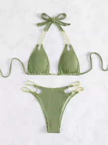 Swim SXY Chi tiết dây chuyền sọc đi biển mùa hè Cut Out Halter Bikini - Màu xanh Ô liu - Xem 3