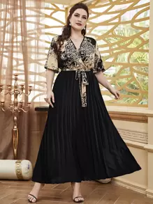 Modelyn 大碼豹紋交叉前繫帶百褶下擺連衣裙