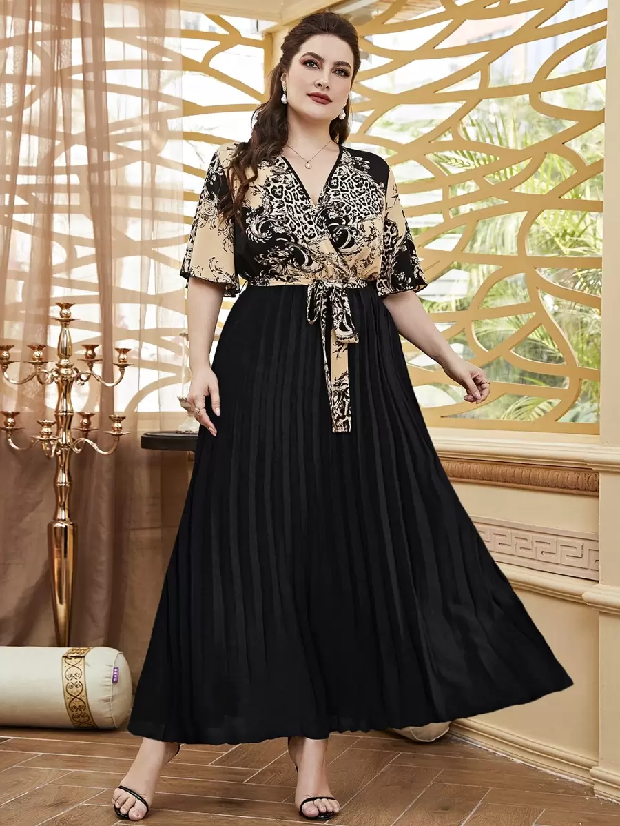 Modelyn 大碼豹紋交叉前繫帶百褶下擺連衣裙