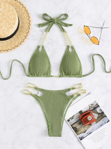 Swim SXY Chi tiết dây chuyền sọc đi biển mùa hè Cut Out Halter Bikini - Màu xanh Ô liu - Xem 4