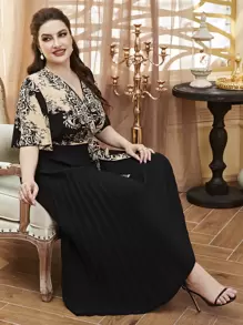 Modelyn 大碼豹紋交叉前繫帶百褶下擺連衣裙