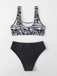 Contrast Zebra Striped Cut Out Bikini Set, For Summer Beach Vacation - Black - View 2