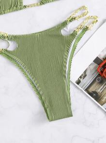 Swim SXY Chi tiết dây chuyền sọc đi biển mùa hè Cut Out Halter Bikini - Màu xanh Ô liu - Xem 6