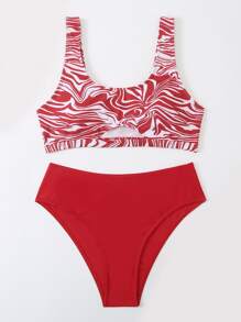 Zebra Striped Print Top And Solid Color Bottom Bikini Set, For Summer Beach Vacation - Red and White - View 3