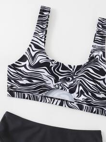 Contrast Zebra Striped Cut Out Bikini Set, For Summer Beach Vacation - Black - View 3
