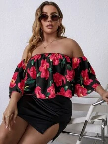 Plus Floral Print Off Shoulder Blouse - Black - View 1