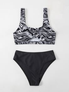 Contrast Zebra Striped Cut Out Bikini Set, For Summer Beach Vacation - Black - View 4