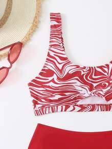 Zebra Striped Print Top And Solid Color Bottom Bikini Set, For Summer Beach Vacation - Red and White - View 5