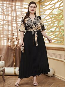 Modelyn 大碼豹紋交叉前繫帶百褶下擺連衣裙