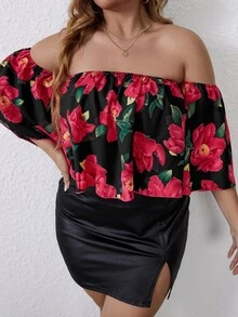 Plus Floral Print Off Shoulder Blouse - Black - View 4