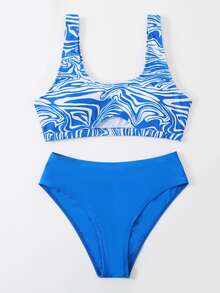 Marble Print Cut Out Bikini, For Summer Beach Vacation - Blue - View 3