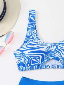 Marble Print Cut Out Bikini, For Summer Beach Vacation - Blue - View 5