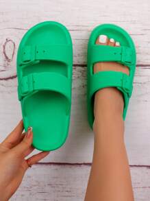 pueenb 女士時尚綠色素色平底涼鞋帶扣飾和鏤空設計 - 綠色 - 查看 1