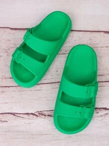 pueenb 女士時尚綠色素色平底涼鞋帶扣飾和鏤空設計 - 綠色 - 查看 3