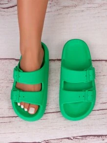 pueenb 女士時尚綠色素色平底涼鞋帶扣飾和鏤空設計 - 綠色 - 查看 4