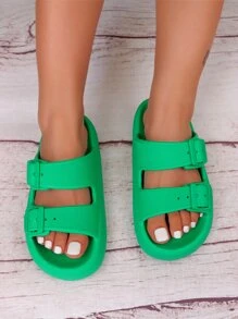 pueenb 女士時尚綠色素色平底涼鞋帶扣飾和鏤空設計 - 綠色 - 查看 5