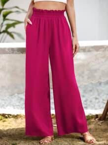 SHEIN Essnce Slant Pocket Wide Leg Trousers - Hot Pink - View 3