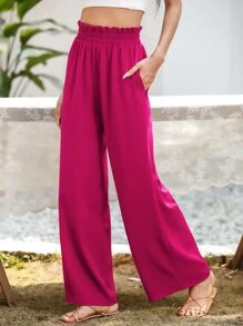 SHEIN Essnce Slant Pocket Wide Leg Trousers - Hot Pink - View 4