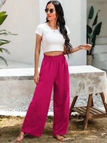 SHEIN Essnce Slant Pocket Wide Leg Trousers - Hot Pink - View 6