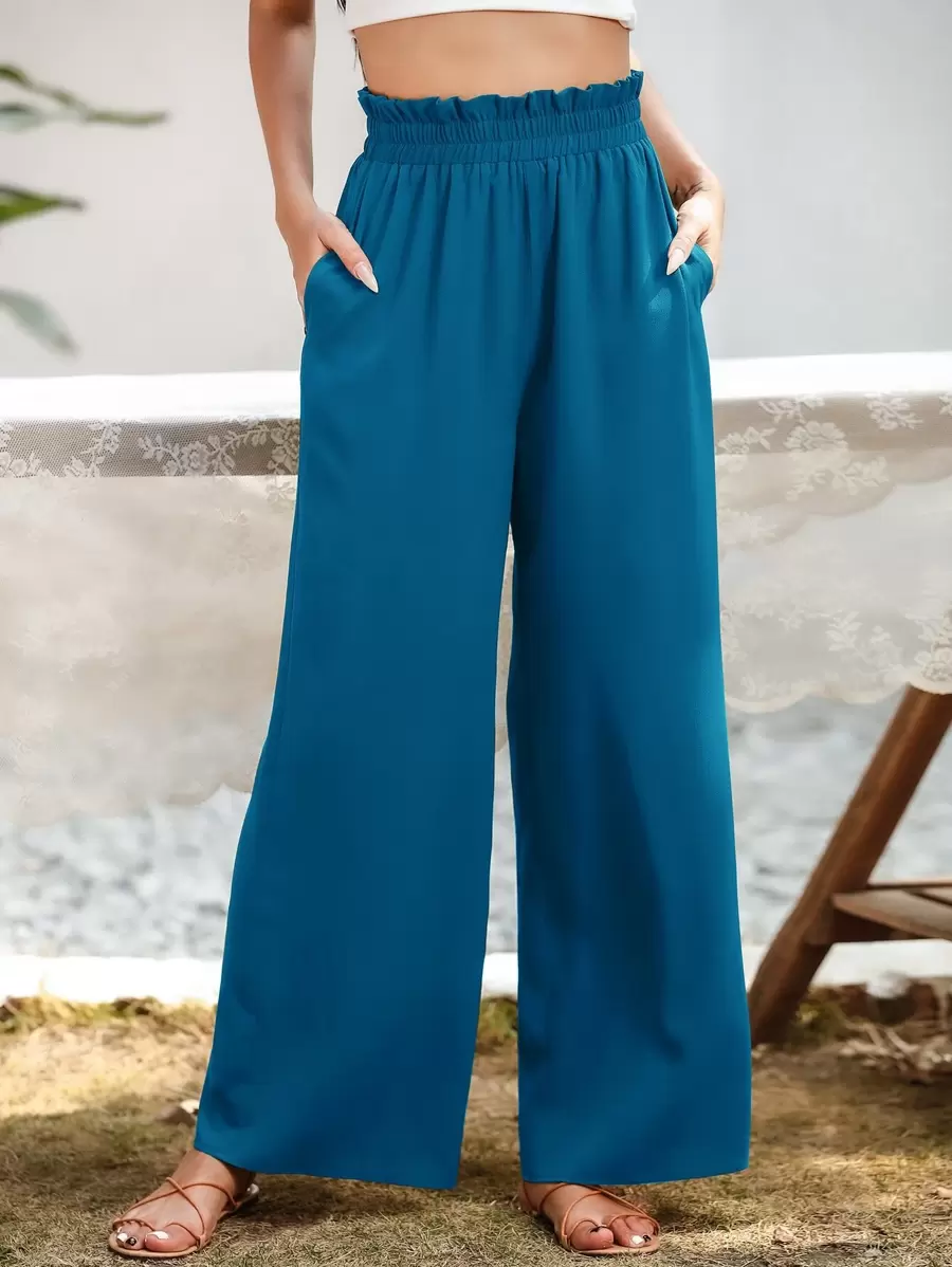 SHEIN Essnce Pantalones de pierna ancha con bolsillo oblicuo - Azul - Ver 1