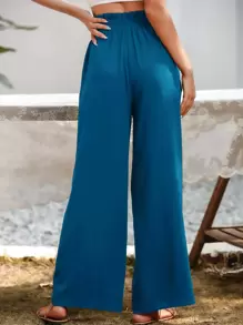 SHEIN Essnce Pantalones de pierna ancha con bolsillo oblicuo - Azul - Ver 2