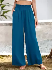 SHEIN Essnce Pantalones de pierna ancha con bolsillo oblicuo - Azul - Ver 3
