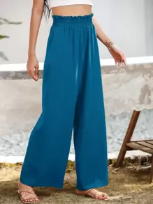 SHEIN Essnce Pantalones de pierna ancha con bolsillo oblicuo - Azul - Ver 4