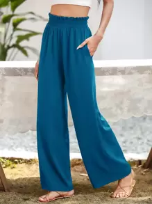 SHEIN Essnce Pantalones de pierna ancha con bolsillo oblicuo - Azul - Ver 5