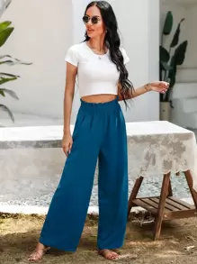 SHEIN Essnce Pantalones de pierna ancha con bolsillo oblicuo - Azul - Ver 6