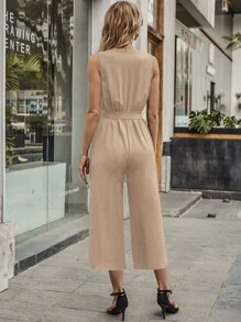 Solid Surplice Front Belted Jumpsuit - Khaki - View 2