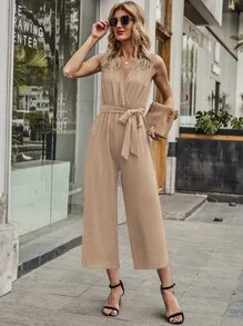 Solid Surplice Front Belted Jumpsuit - Khaki - View 6