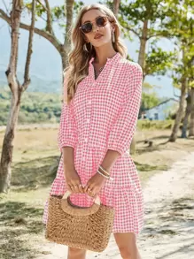 SHEIN Holidaya Vestido de guingán de cuello notch bajo con fruncido - Multicolor - Ver 3