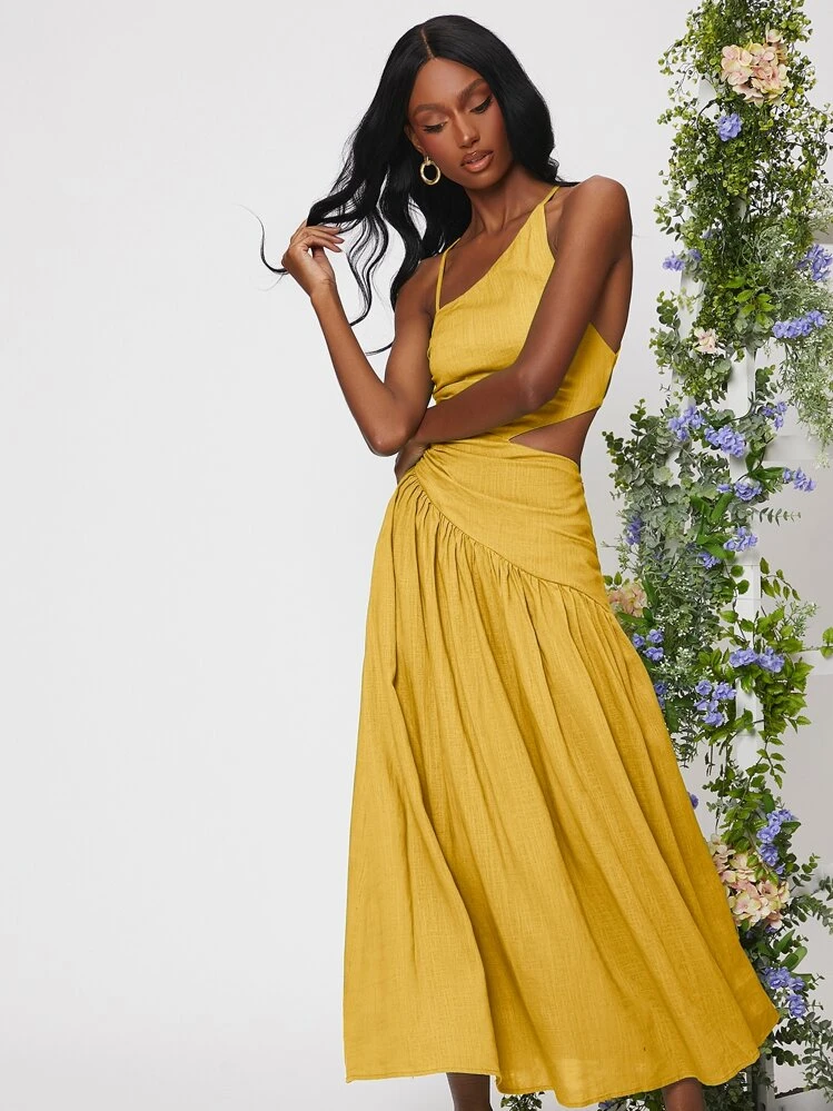 SHEIN VCAY Asymmetrical Neck Lace Up Backless Cut Out Ruched Dress