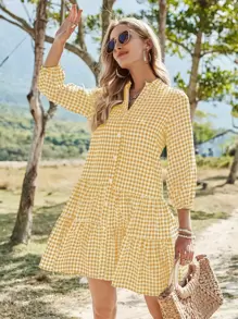 SHEIN Holidaya Vestido de guingán de cuello notch bajo con fruncido - Amarillo - Ver 1