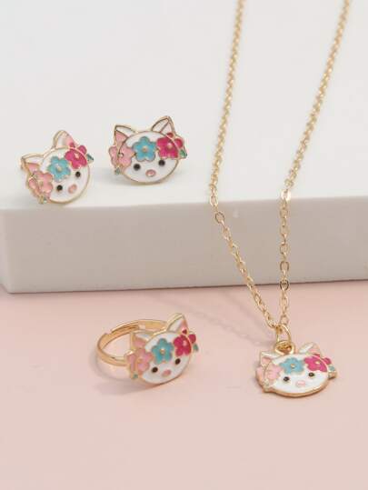 4pcs Girls Cartoon Cat Decor Jewelry Set