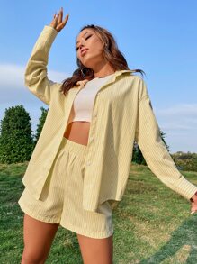 Striped Drop Shoulder Blouse & Shorts Set Without Tank Top